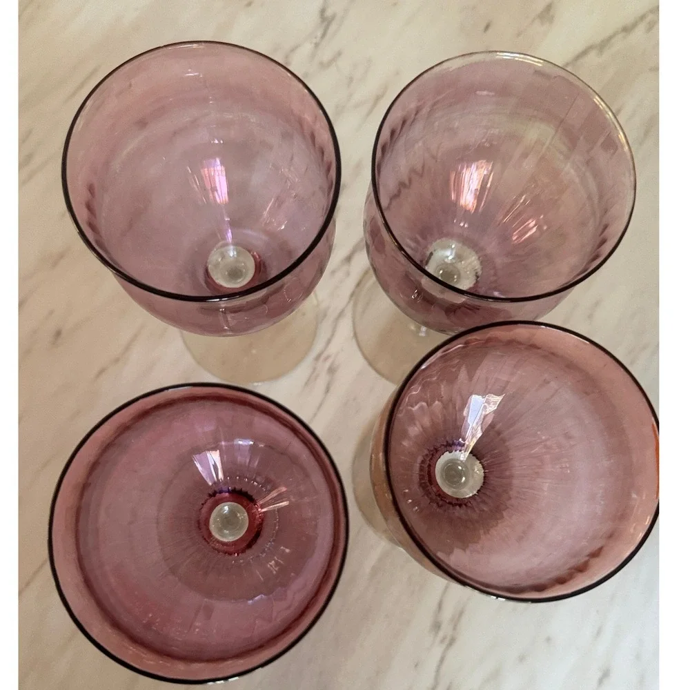 Vintage Amethyst Purple Iridescent Optic Ribbed Wine Glasses Set of 4, 6.5